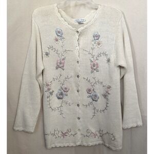 Chelsea Way Cream Floral Embroidered Knit‎ Cardigan M Easter Granny Cottage Vtg